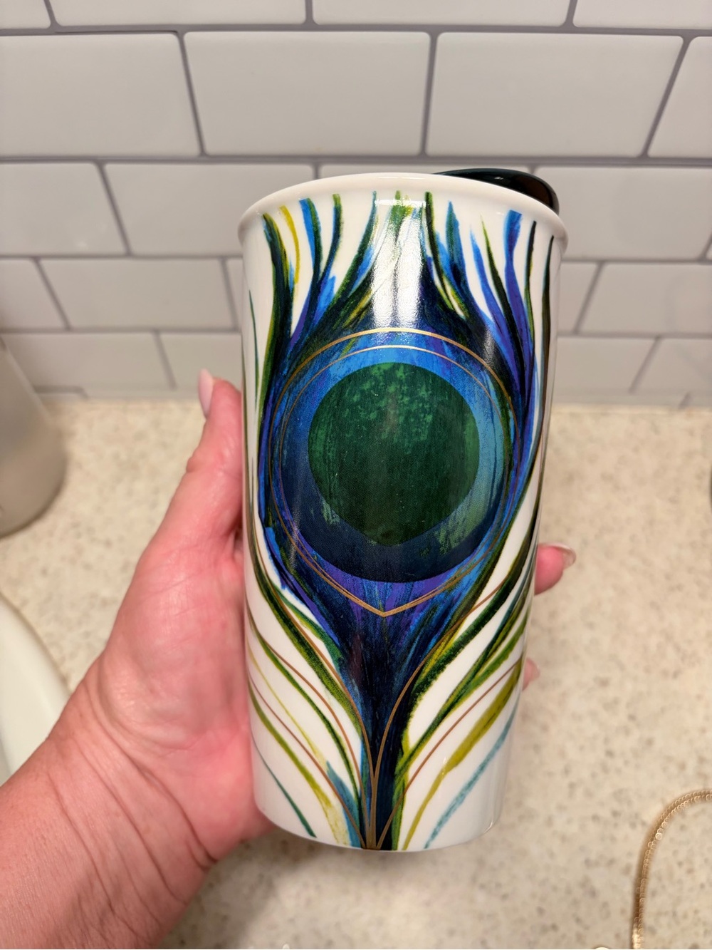 Starbucks Ceramic Tumbler with Peacock Feather Motif - Green & Blue